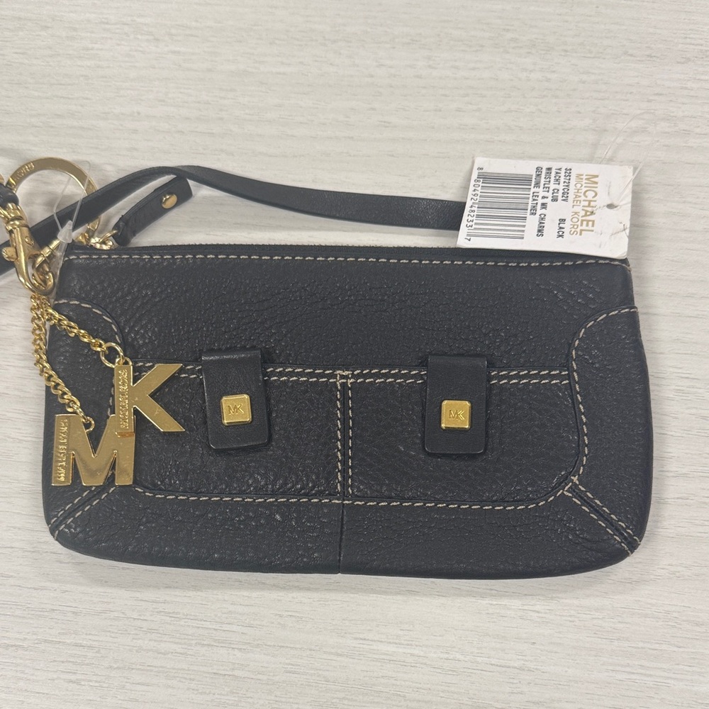 Black pebble leather Michael Kors Wristlet with Gold MK charm